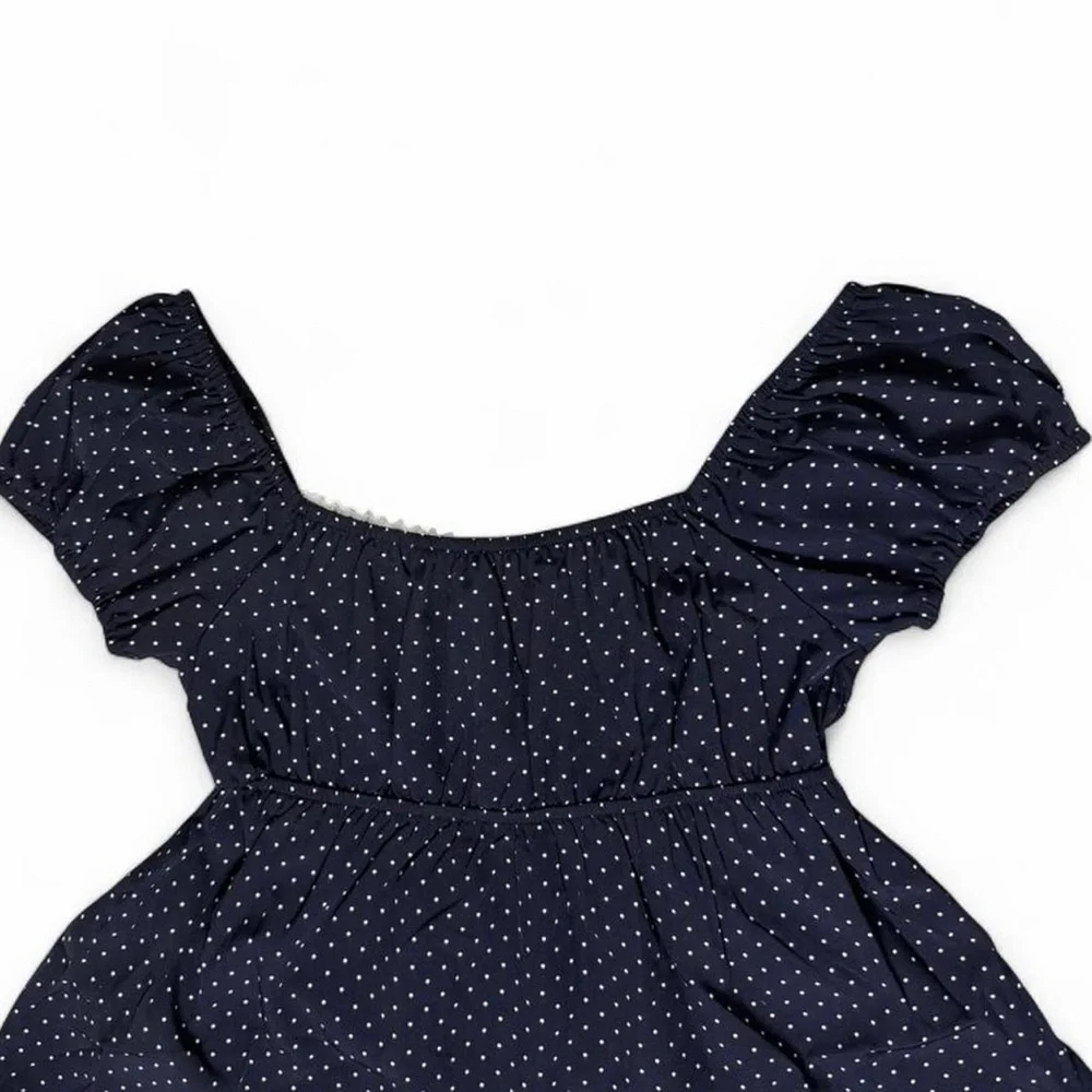 Y2K Navy Polka Dot Babydoll Top XS Ruffle Coquette Blouse Brandy Melville Style - Picture 5 of 6